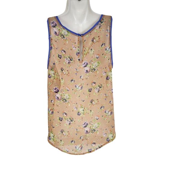 Lush Womens Tank Top Small Floral Swing Sheer High Low Keyhole Orange Purple - Picture 2 of 9